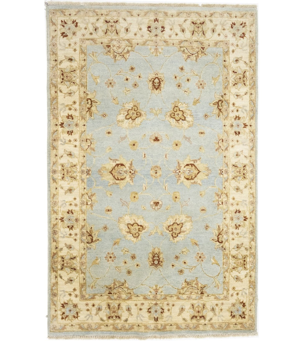 Floral Pattern Handspun Wool Area Rug 3'9 x 5'11 Peshawar Style: Floral Pattern Handspun Wool Area Rug 3'9 x 5'11 Peshawar Style This hand-knotted Peshawar area rug features a floral pattern in light blue, cream, golden beige, brown, red, and other colors. Crafted 