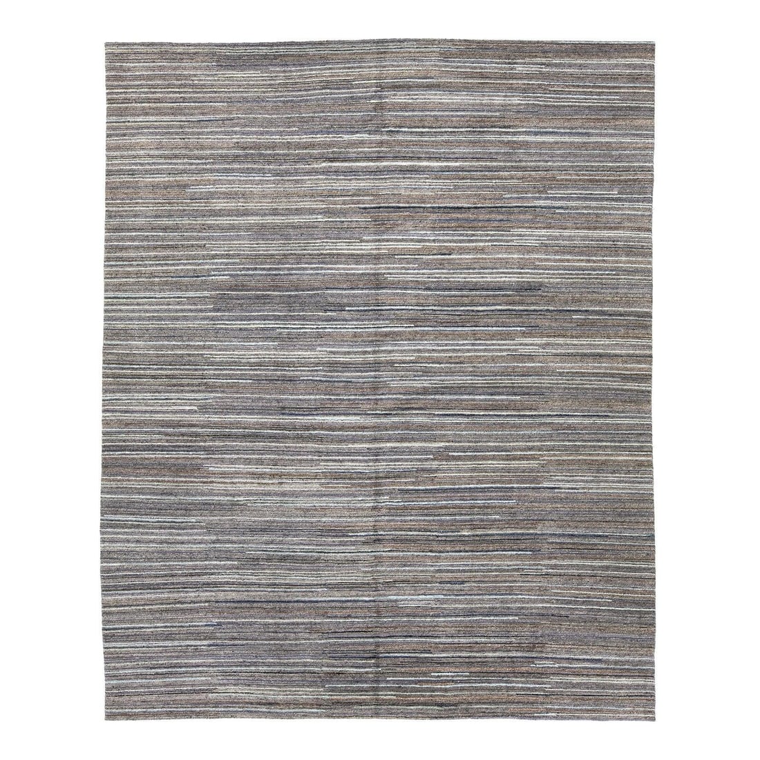 12x15 Indian hand knotted wool rug with earth tone stripes: 12x15 Indian hand knotted wool rug with earth tone stripes This modern Indian wool area rug features a hand-knotted construction and a rhythmic horizontal linear stripe design. It presents a refined p