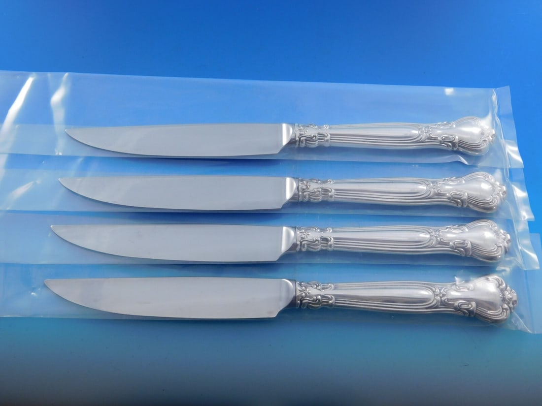 Gorham Chantilly Sterling Silver Steak Knife Set 4pc 8 7/8" Serrated: Gorham Chantilly Sterling Silver Steak Knife Set 4pc 8 7/8" Serrated Experience the elegance of the Chantilly pattern by Gorham with this exquisite 4-piece steak knife set. Crafted from sterling silve