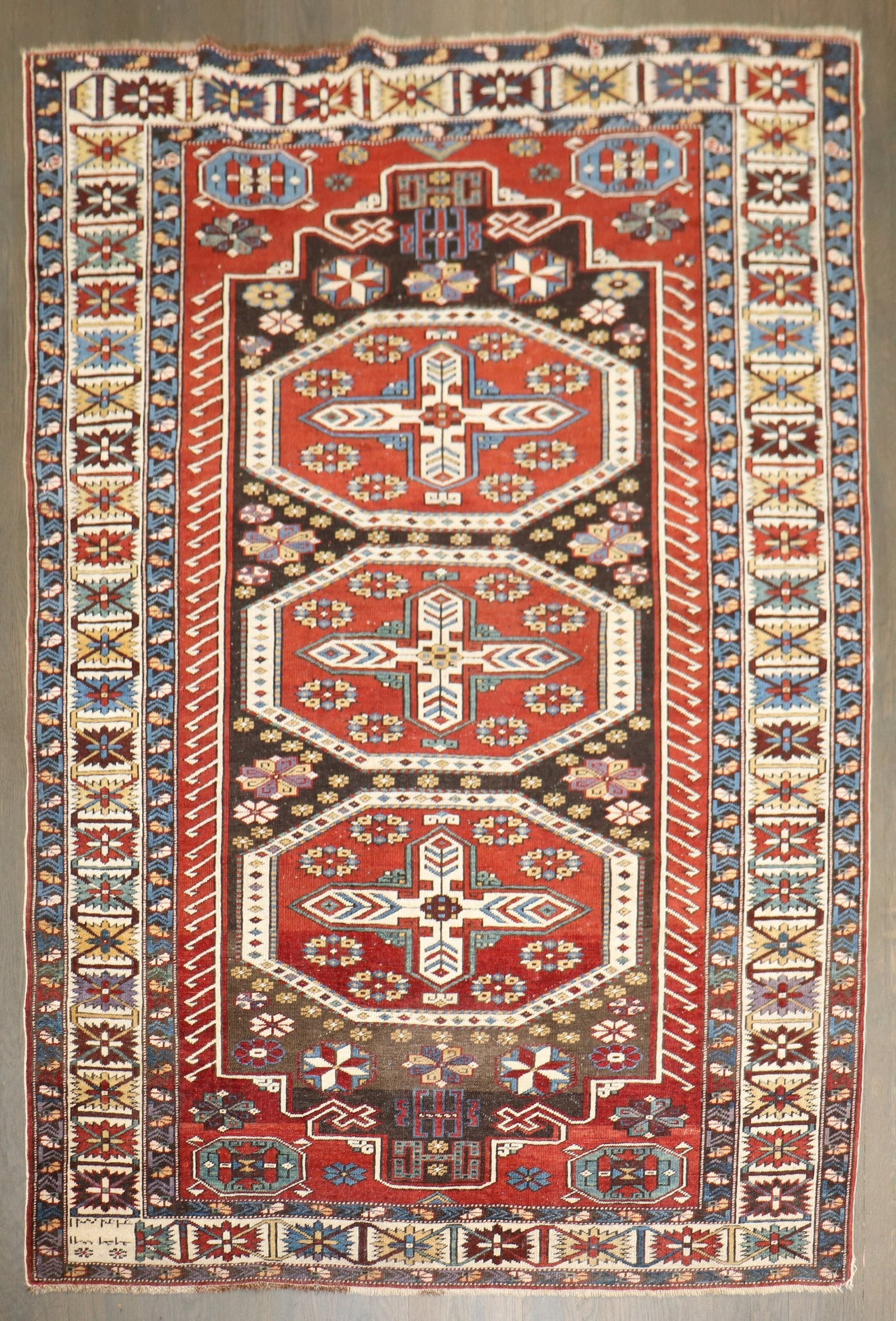 4' 1" x 5' 8" Antique Shirvan Caucasian Accent Rug 1904: 4' 1" x 5' 8" Antique Shirvan Caucasian Accent Rug 1904 Antique Caucasian Shirvan rug dated 1904. This pre-owned accent rug features a classic Shirvan design from the Caucasian region. Specifications 