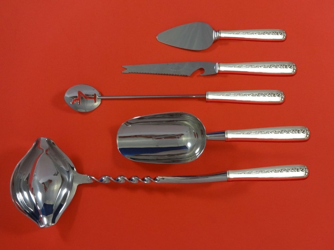 Towle Rambler Rose Sterling Silver 5pc Cocktail Bar Set: Towle Rambler Rose Sterling Silver 5pc Cocktail Bar Set Elevate your cocktail parties with this exquisite 5-piece Rambler Rose cocktail party bar set by Towle. Crafted from sterling silver with stainl