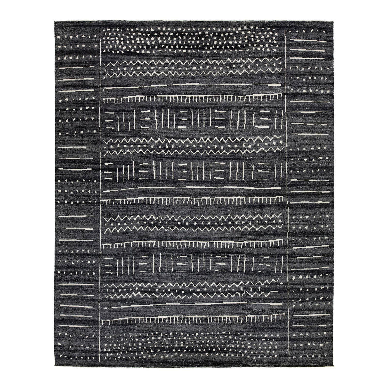 Contemporary Moroccan Gray Wool Rug 12'1 x 15': Contemporary Moroccan Gray Wool Rug 12'1 x 15' Enhance your living space with this exquisite hand-knotted wool rug, showcasing a modern Moroccan style. Its rich charcoal gray and ivory color palette i