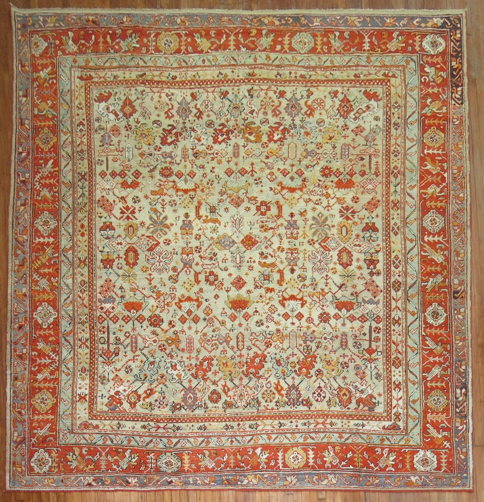 11' x 11' 8" Early 20th Century Turkish Oushak Square Rug: 11' x 11' 8" Early 20th Century Turkish Oushak Square Rug Early 20th century antique Turkish Oushak rug in a square format, featuring an all-over design in warm colors. Pre-owned condition. Specificat