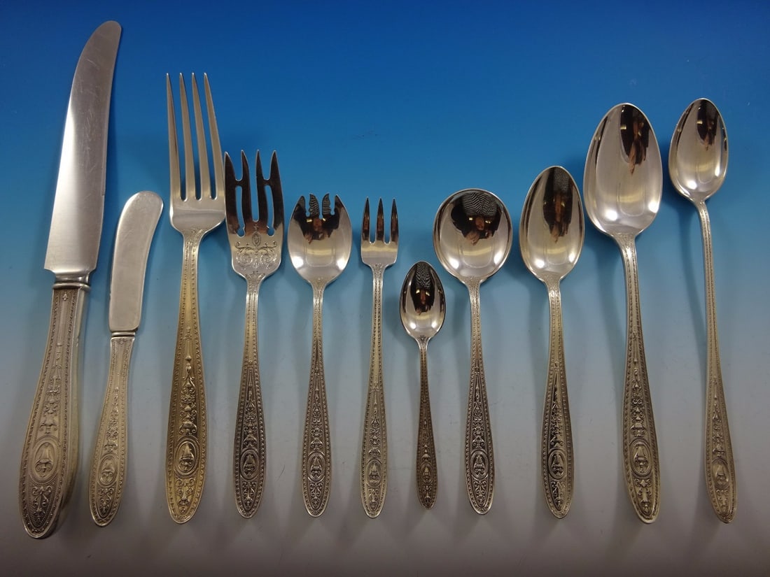 International Silver Wedgwood sterling flatware set 140 pieces with storage chest: International Silver Wedgwood sterling flatware set 140 pieces with storage chest This is a comprehensive 140-piece Wedgwood pattern flatware set by International Silver, crafted in sterling silver. T