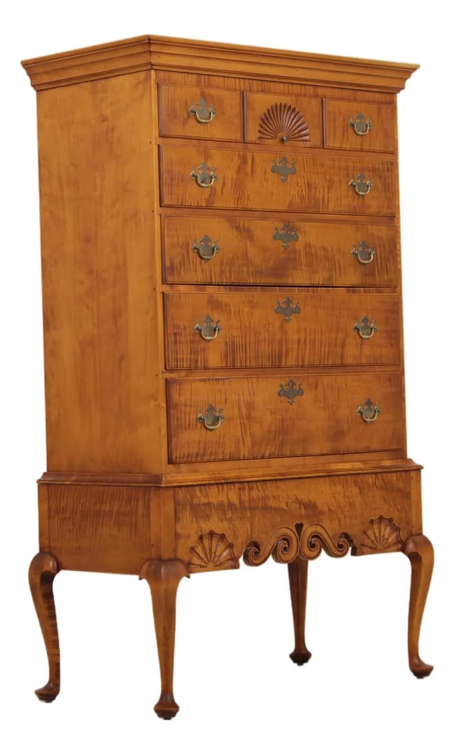 Hand Signed Eldred Wheeler Tiger Maple Highboy Chest 37w x 20d x 63h: Hand Signed Eldred Wheeler Tiger Maple Highboy Chest 37w x 20d x 63h Bench-made Eldred Wheeler tiger maple highboy in a country primitive style. This two-piece chest features dovetailed drawer constru