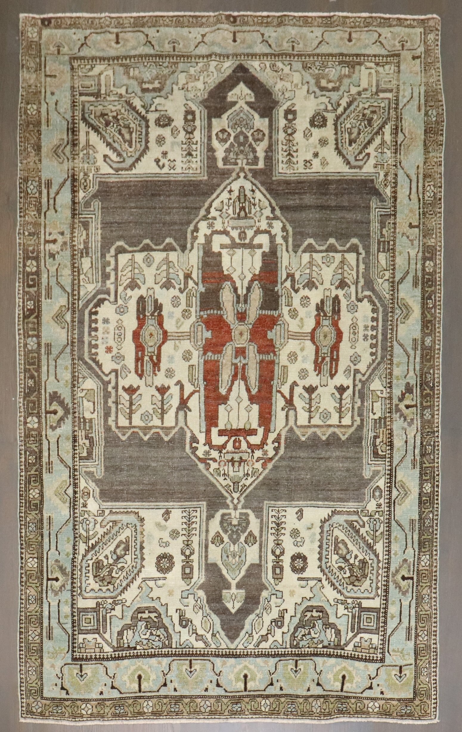 4' 2" x 6' 6" Early 20th Century Persian Bakhtiari Accent Rug: 4' 2" x 6' 6" Early 20th Century Persian Bakhtiari Accent Rug Early 20th century Persian Bakhtiari rug in a gray colorway. This pre-owned accent rug is identified as Bakhtiari, Malayer. Specifications
