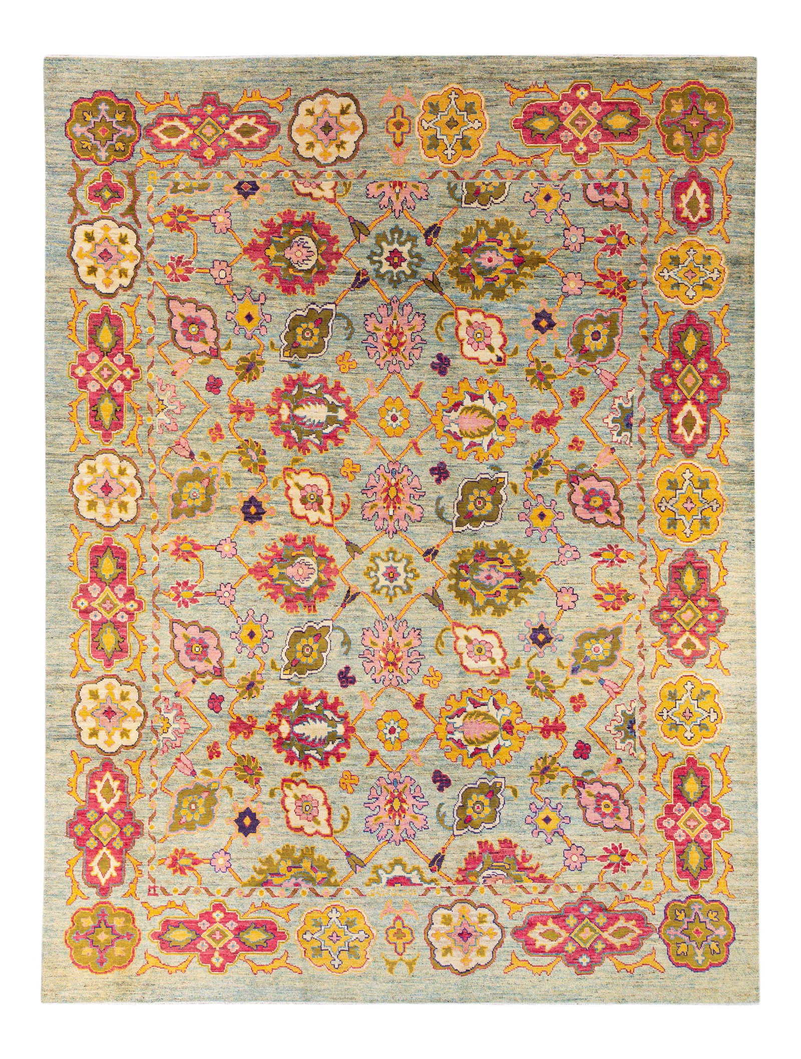 Oversized Modern Oushak Hand-Knotted Wool Rug 11'11 x 15'9 Tribal Floral Design: Oversized Modern Oushak Hand-Knotted Wool Rug 11'11 x 15'9 Tribal Floral Design Enhance your space with this stunning modern Oushak hand-knotted wool rug featuring a captivating blue and beige field. 