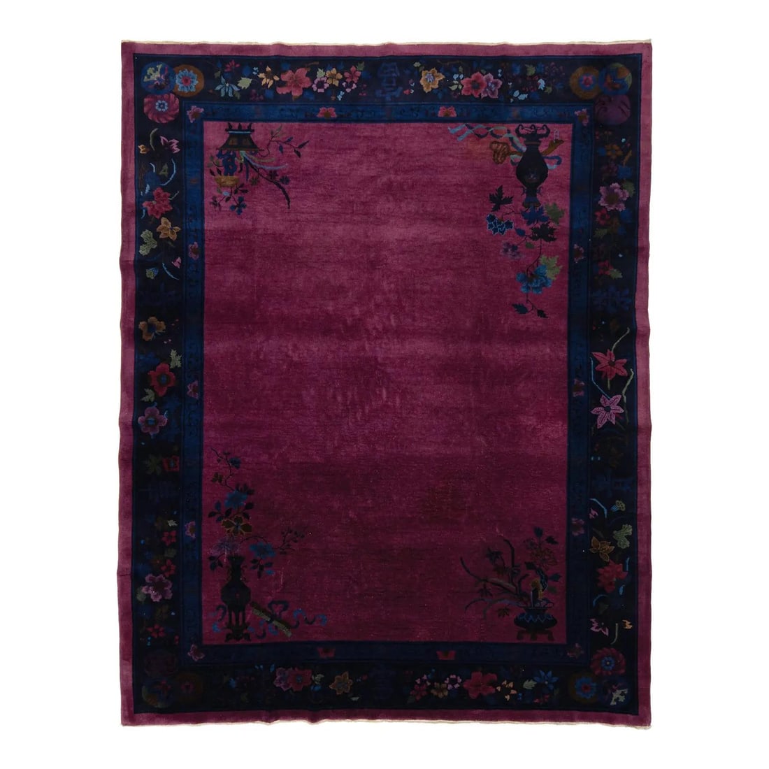 9x12 Chinese Art Deco Wool Rug in Plum and Navy: 9x12 Chinese Art Deco Wool Rug in Plum and Navy Antique Chinese Art Deco rug with a rich plum-magenta field and deep navy blue borders. It is hand-knotted from high-quality wool and features tradition