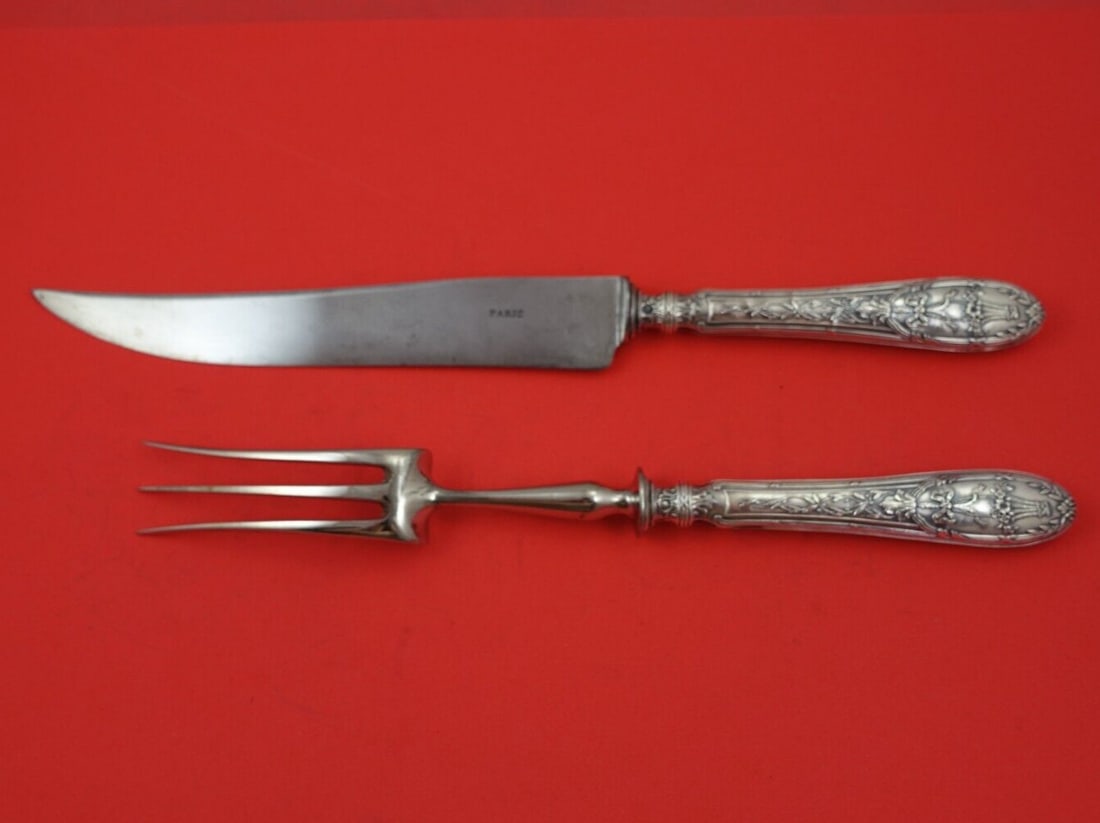 French Sterling Silver 2pc Steak Carving Set Basket Flowers Motif (1 of 3)