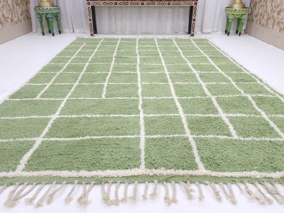 Sunning Green Checkered Wool Rug Handmade in Morocco 8 x 5 Feet: Sunning Green Checkered Wool Rug Handmade in Morocco 8 x 5 Feet This exquisite handmade green checkered wool rug is crafted with care by skilled local Berber women weavers in the Atlas Mountains of Mo