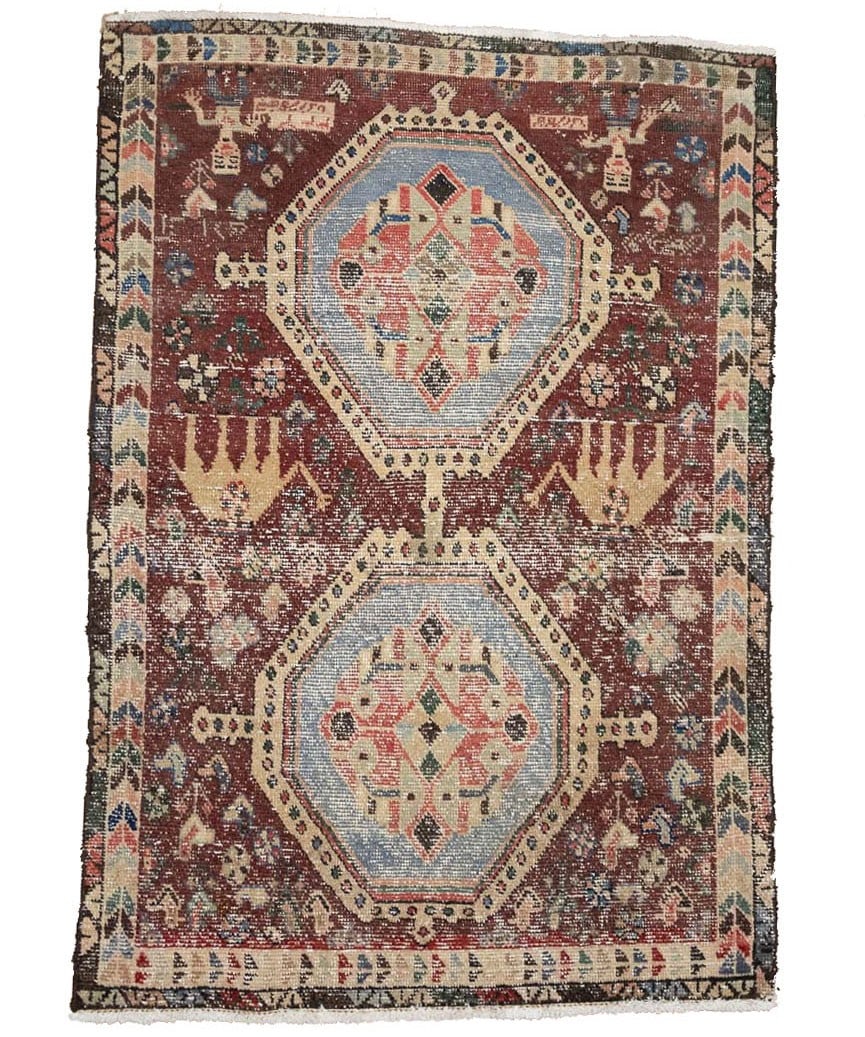 3'4 x 4'9 Hand Knotted Wool Area Rug Floral Oriental: 3'4 x 4'9 Hand Knotted Wool Area Rug Floral Oriental Semi-antique hand-knotted wool oriental rug with a distressed floral design and muted multicolor palette including maroon red, cream, blue, green, 