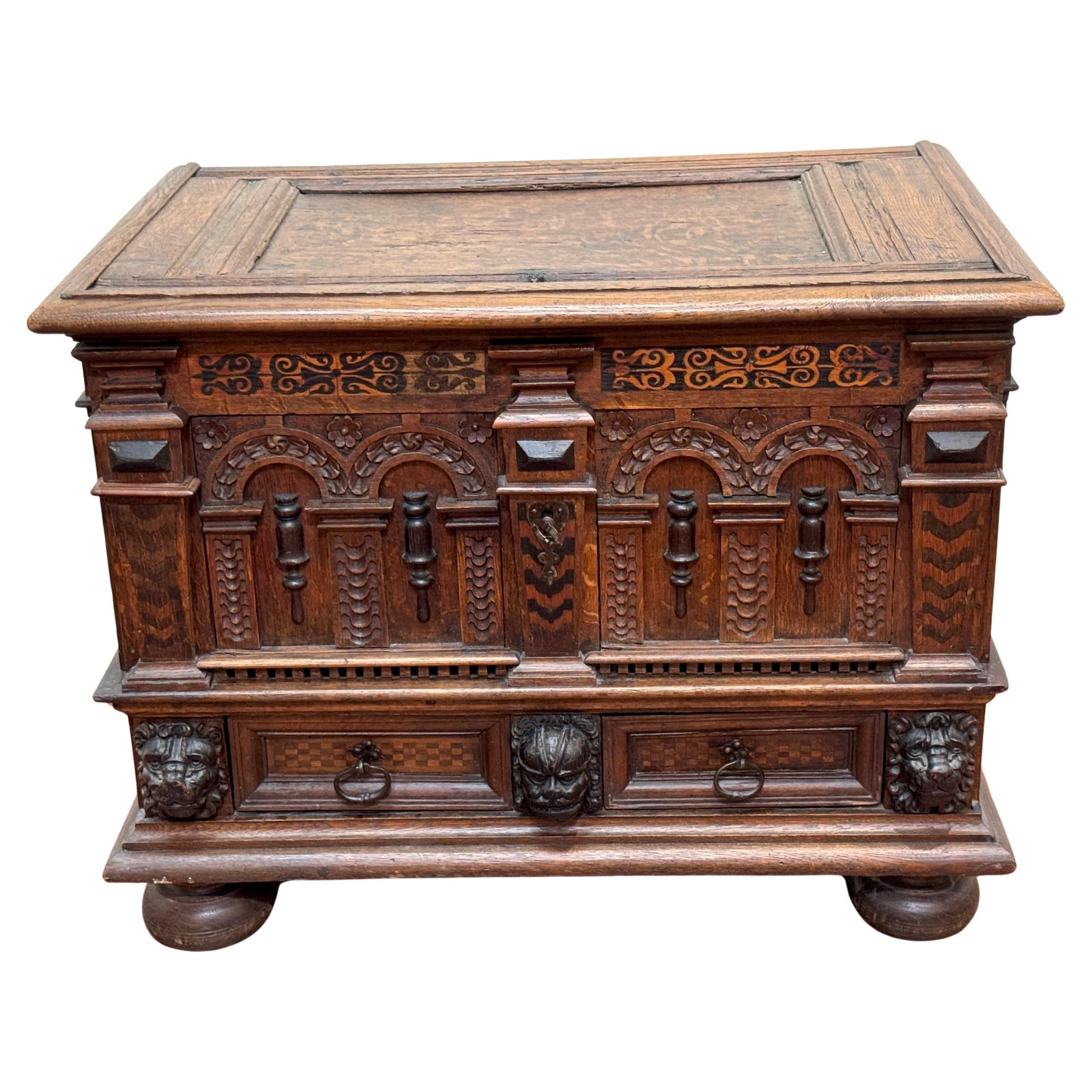 18th Century Renaissance Revival Strongbox Chest with Lion Masks: 18th Century Renaissance Revival Strongbox Chest with Lion Masks This exquisite 18th Century Italian or French Renaissance Revival strongbox chest is a masterful piece of furniture, crafted from solid