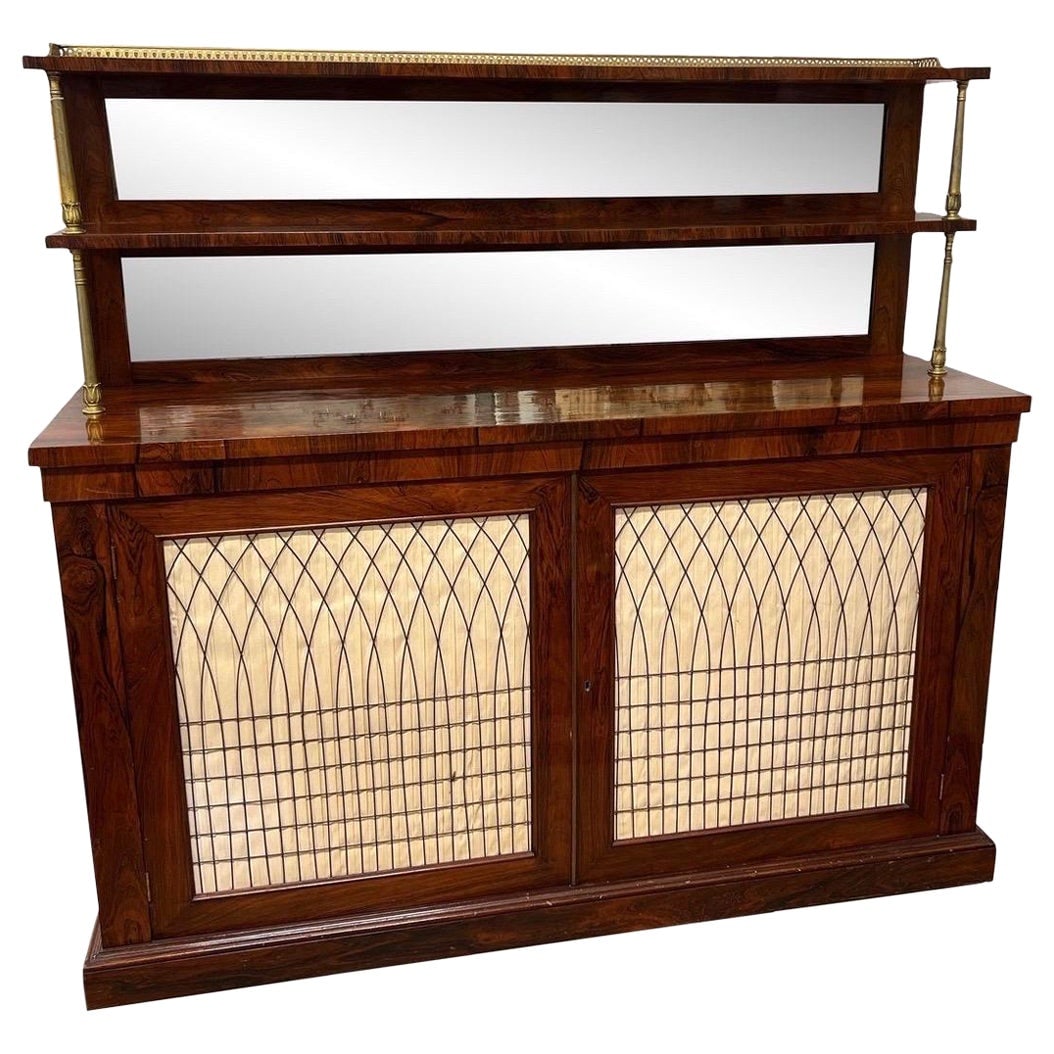 19th Century English Regency Rosewood Brass Sideboard with Tiered Design: 19th Century English Regency Rosewood Brass Sideboard with Tiered Design This exquisite 19th Century English Regency sideboard showcases the elegance of the era with its tiered design and fine