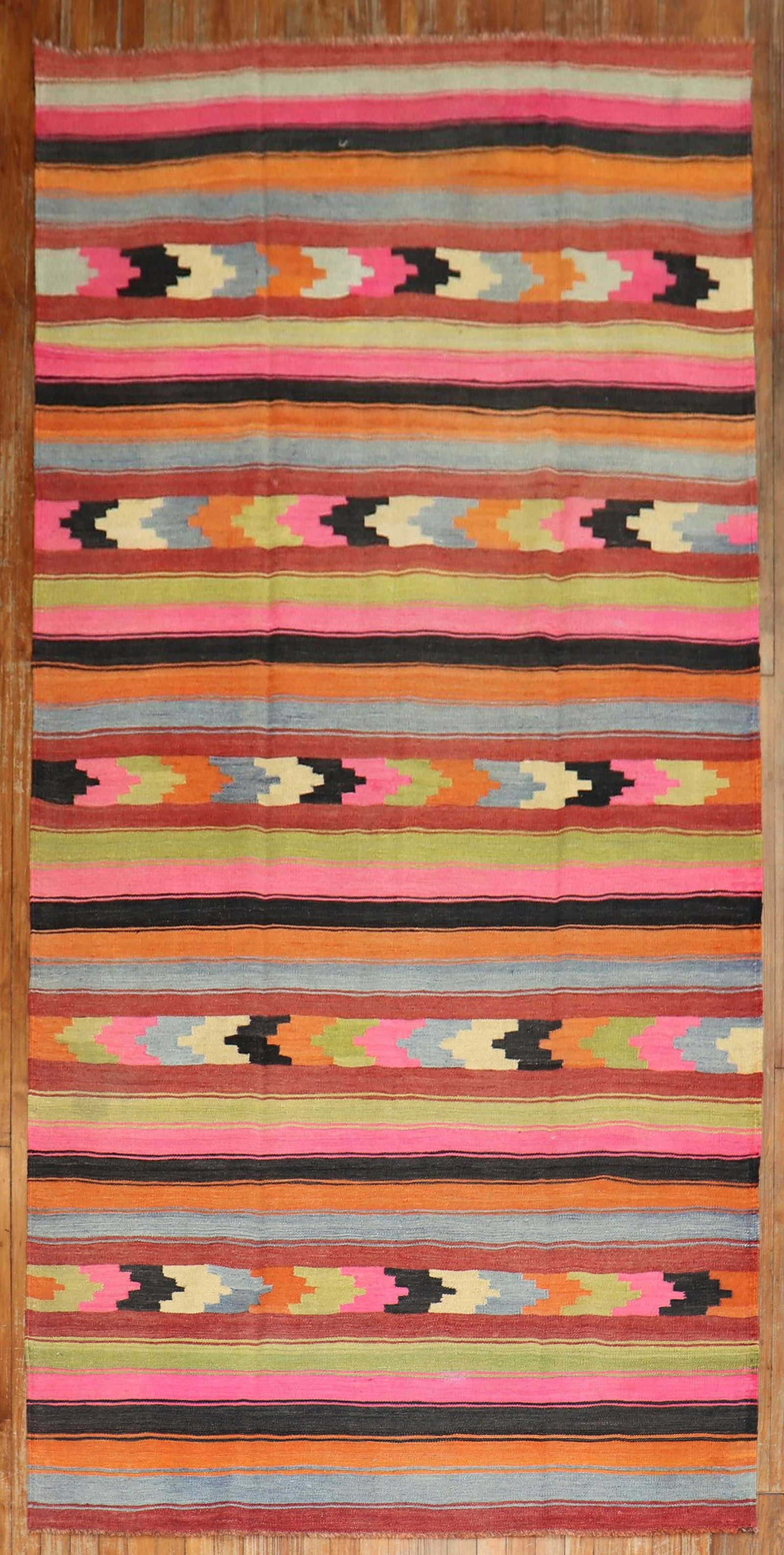 4' 9" x 10' 6" Turkish Gallery Kilim Rug 20th Century: 4' 9" x 10' 6" Turkish Gallery Kilim Rug 20th Century A Turkish gallery-size kilim from the 3rd quarter of the 20th century, featuring a bright, colorful design. This pre-owned rug is identified as a 
