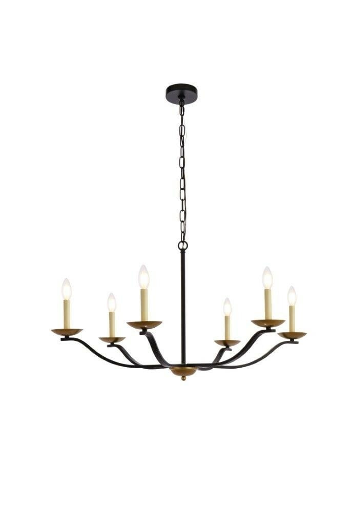 LIVING DISTRICT Trey 6-Light Black Brass Chandelier: LIVING DISTRICT Trey 6-Light Black Brass Chandelier This farmhouse-style chandelier features a striking black and brass metal frame with six lights arranged in a classic round design. Crafted from iro