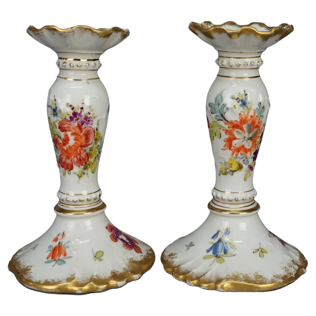 Antique German Porcelain Candlesticks Set of 2 Hand Painted Gilt Floral Berlin C1900: Antique German Porcelain Candlesticks Set of 2 Hand Painted Gilt Floral Berlin C1900 Enhance your decor with this exquisite pair of antique German candlesticks, crafted from fine porcelain and hand-pa