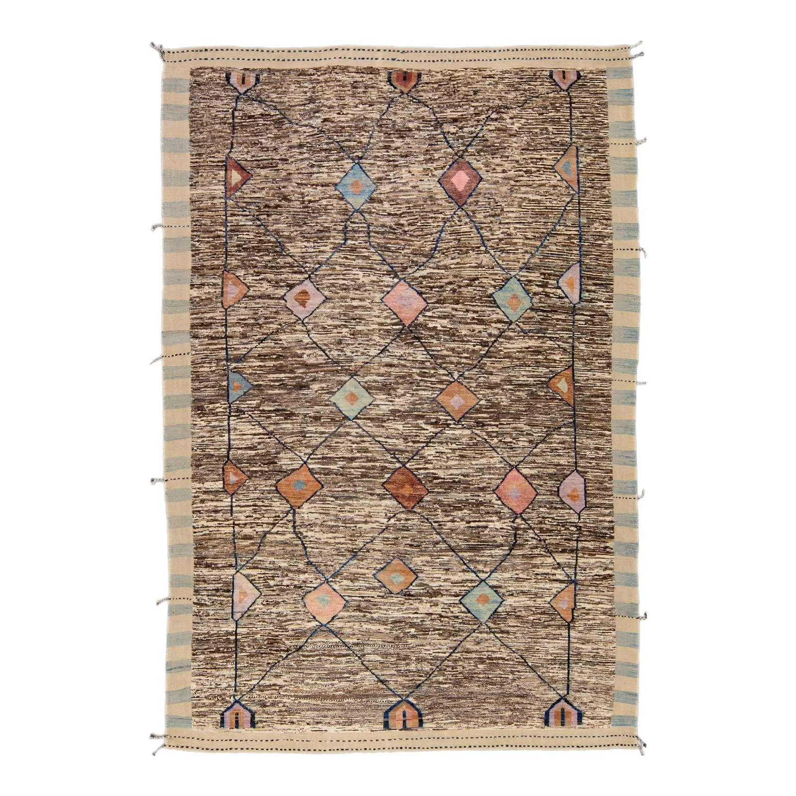 Handmade Moroccan Tribal Boho Wool Rug Beige Brown 8'10 x 13'3: Handmade Moroccan Tribal Boho Wool Rug Beige Brown 8'10 x 13'3 This exquisite handmade Moroccan-style wool rug features a captivating beige and brown field adorned with vibrant accents of orange, pink