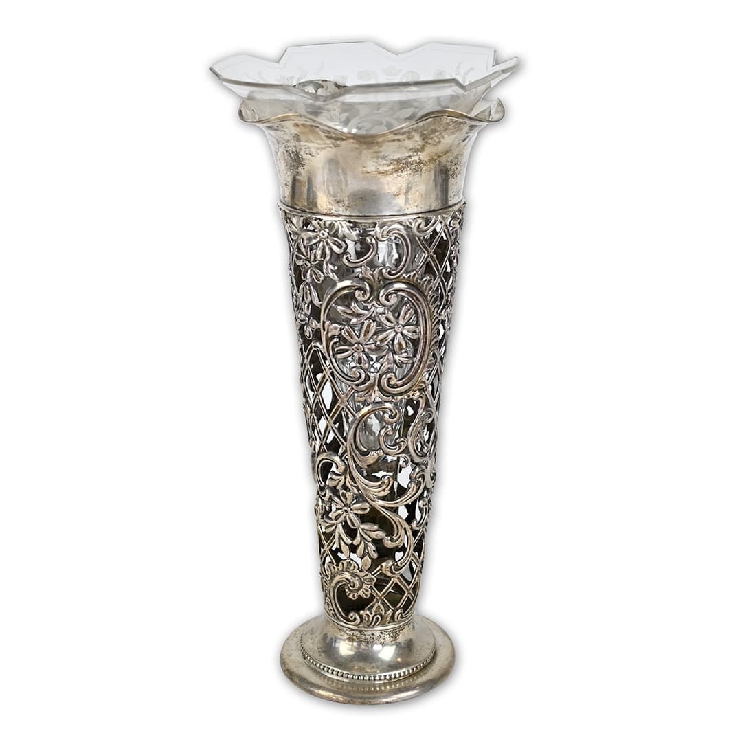 Gorham A1470 sterling silver trumpet vase pierced with glass insert (1 of 5)