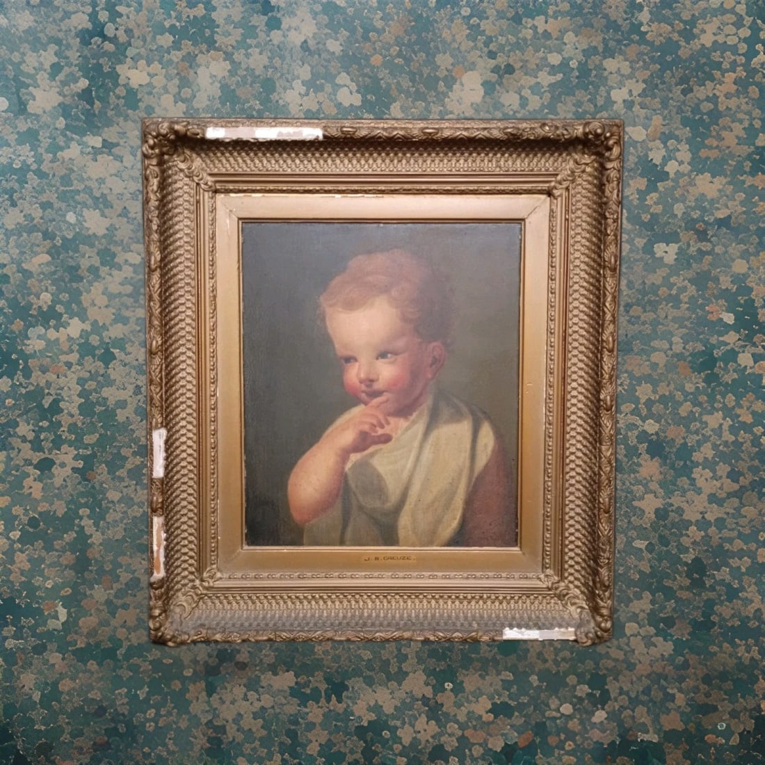 French portrait oil painting on wood panel signed J B Greuze (1 of 15)