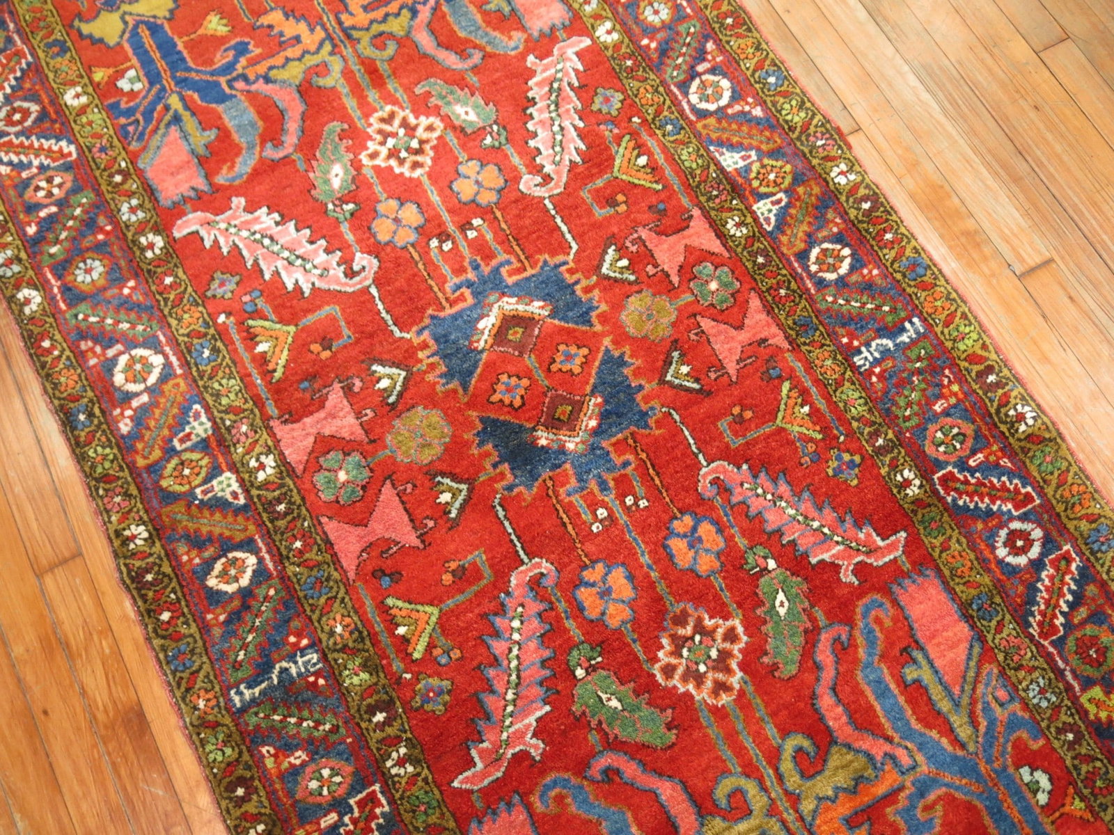 3' 7" x 8' 7" Persian Serapi Heriz Rug Runner: 3' 7" x 8' 7" Persian Serapi Heriz Rug Runner Vibrant Persian Heriz runner from the 2nd quarter of the 20th century, featuring a vivid red field with bright green, blue, and pink accents. This pre-own