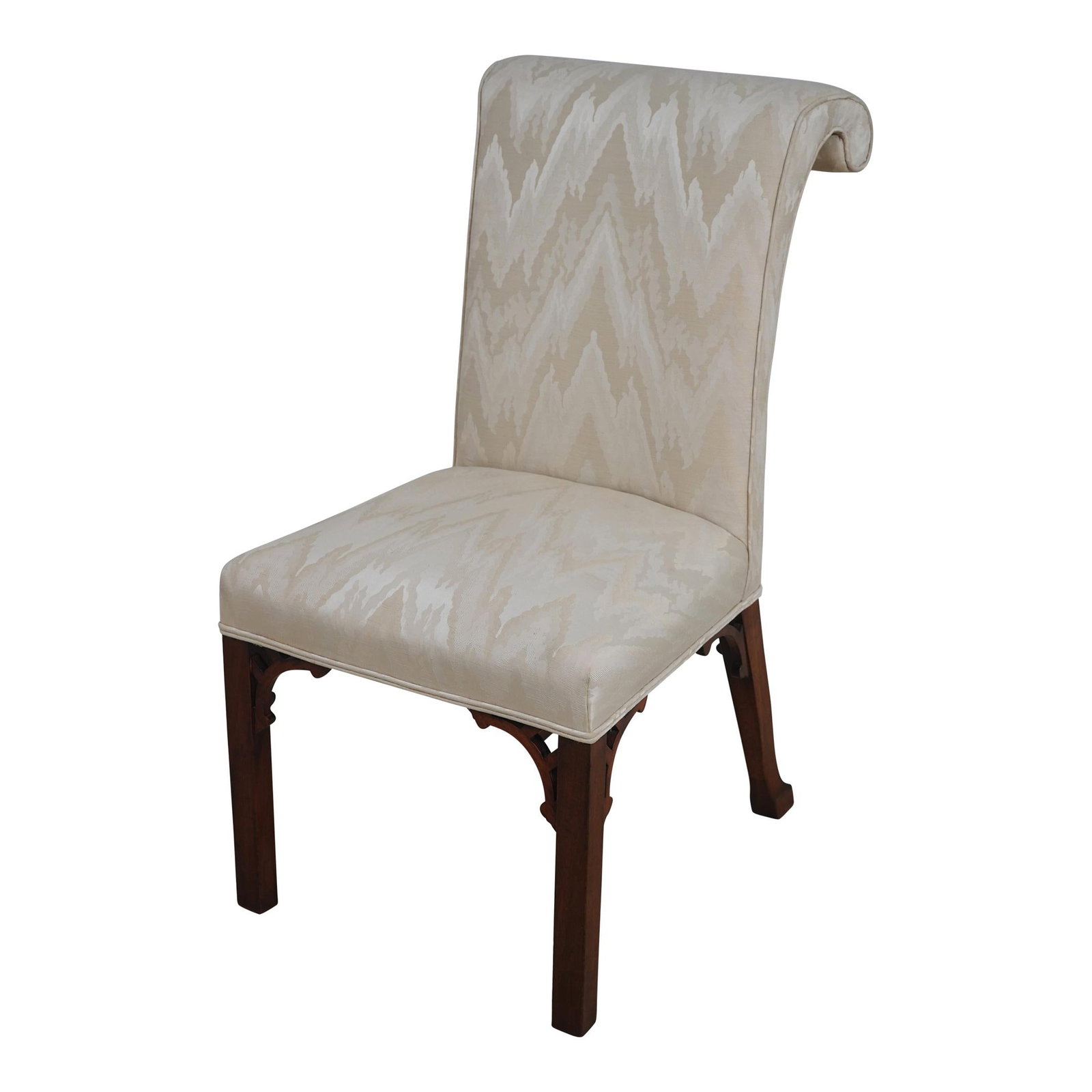 Chippendale Style Upholstered Roll Back Chair Quality Construction Brown: Chippendale Style Upholstered Roll Back Chair Quality Construction Brown This elegant Chippendale Style Upholstered Roll Back Side Chair showcases quality construction with a classic 18th-century desi