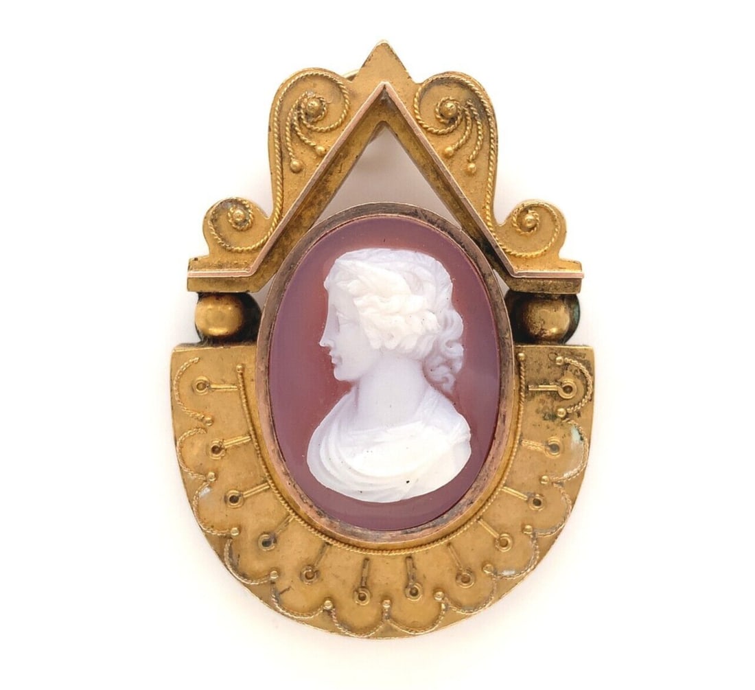 Victorian Era 14k Yellow Gold Agate Cameo Brooch Pendant Etruscan Revival: Victorian Era 14k Yellow Gold Agate Cameo Brooch Pendant Etruscan Revival This Victorian-era pin or pendant features a genuine natural agate cameo, intricately carved in brown and white. Crafted in 14