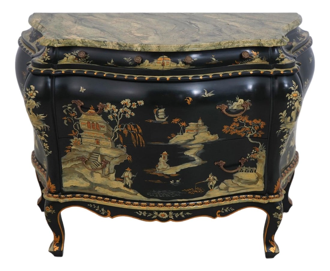 Italian Chinoiserie Painted Wood Commode Chest Faux Marble Top (1 of 10)