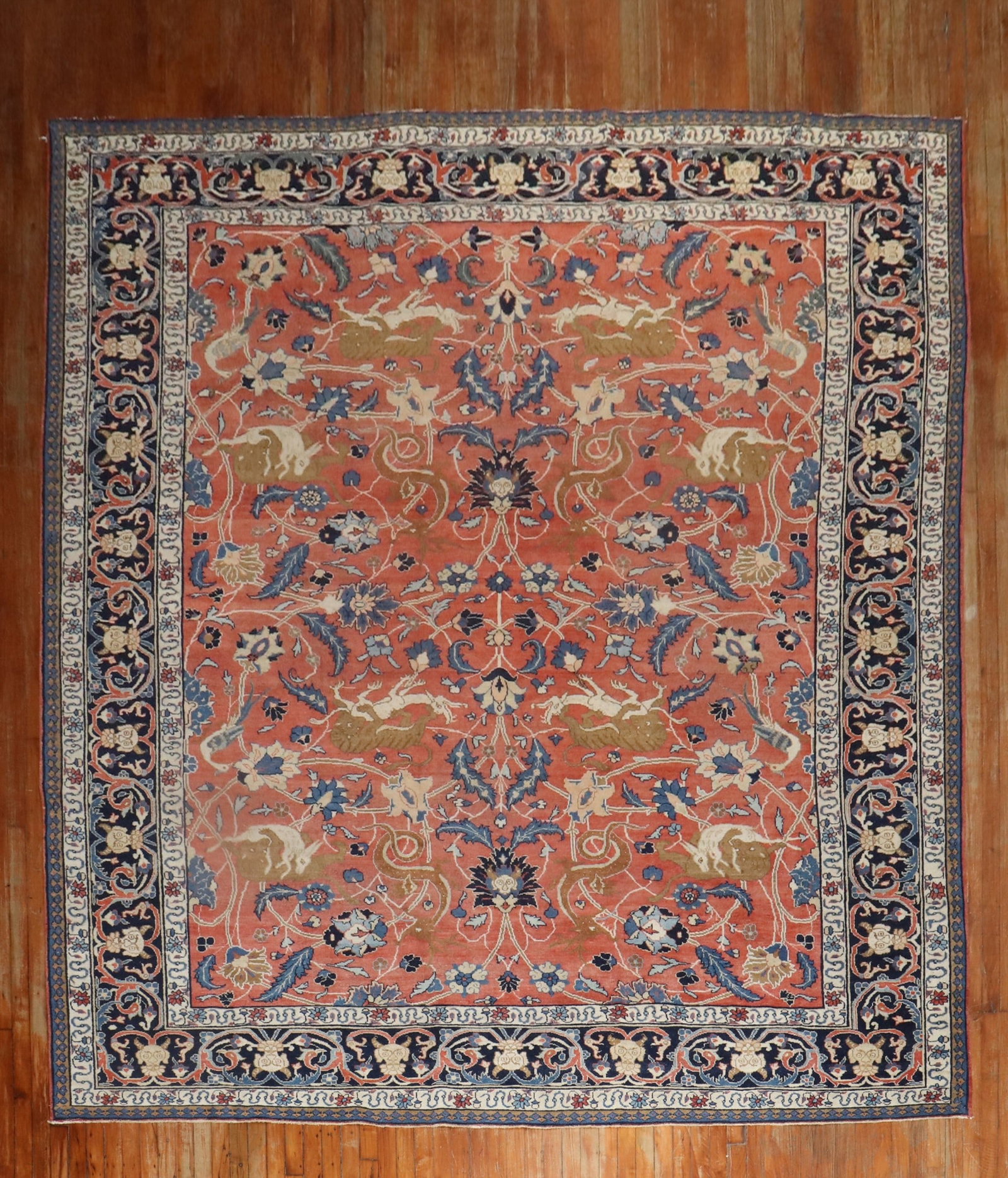 9' 7" x 12' 10" Persian Tabriz pictorial hunting rug: 9' 7" x 12' 10" Persian Tabriz pictorial hunting rug Room-size Persian Tabriz rug featuring a pictorial animal hunting pattern from the 1st quarter of the 20th century. Pre-owned. Specifications Type: