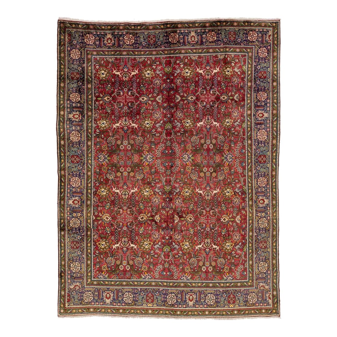 1930s Handmade Persian Tabriz Wool Rug Red Allover Design 9'7 x 12'11: 1930s Handmade Persian Tabriz Wool Rug Red Allover Design 9'7 x 12'11 This exquisite 1930s Handmade Persian Tabriz Wool Rug features a vibrant red background adorned with an allover design complemente