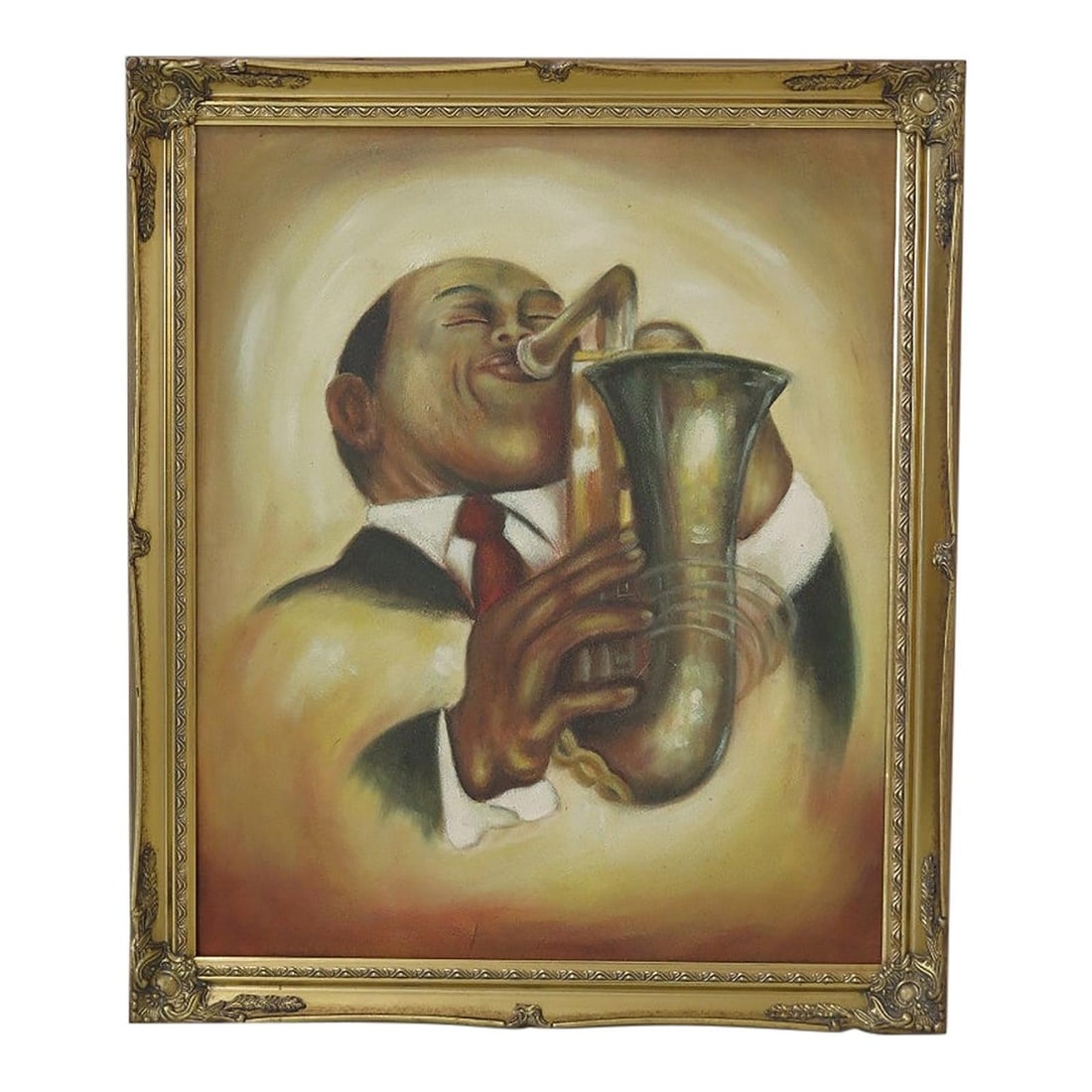 Framed Oil Canvas Artwork Depicting Saxophone Player Circa 1990s (1 of 6)