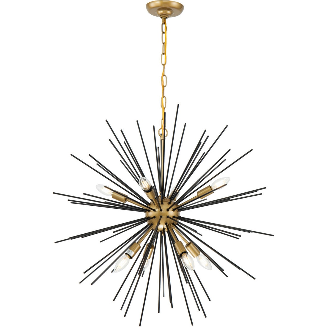 Timber 8 Light Brass Black Iron Chandelier 30 Inch: Timber 8 Light Brass Black Iron Chandelier 30 Inch This modern 8-light Sputnik chandelier features a striking brass and black frame with a star-shaped design. Suitable for a variety of indoor spaces, 