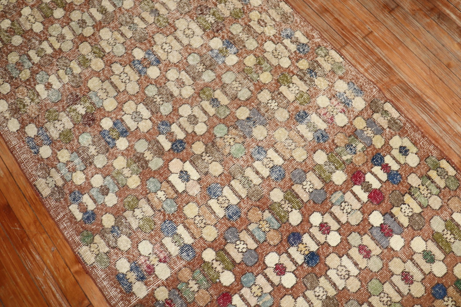 3' 10" x 8' 3" Turkish Anatolian Deco Runner Rug: 3' 10" x 8' 3" Turkish Anatolian Deco Runner Rug Mid 20th century Turkish Deco runner with an Anatolian design influence. This pre-owned rug features an Art Deco style and is categorized as intermedia