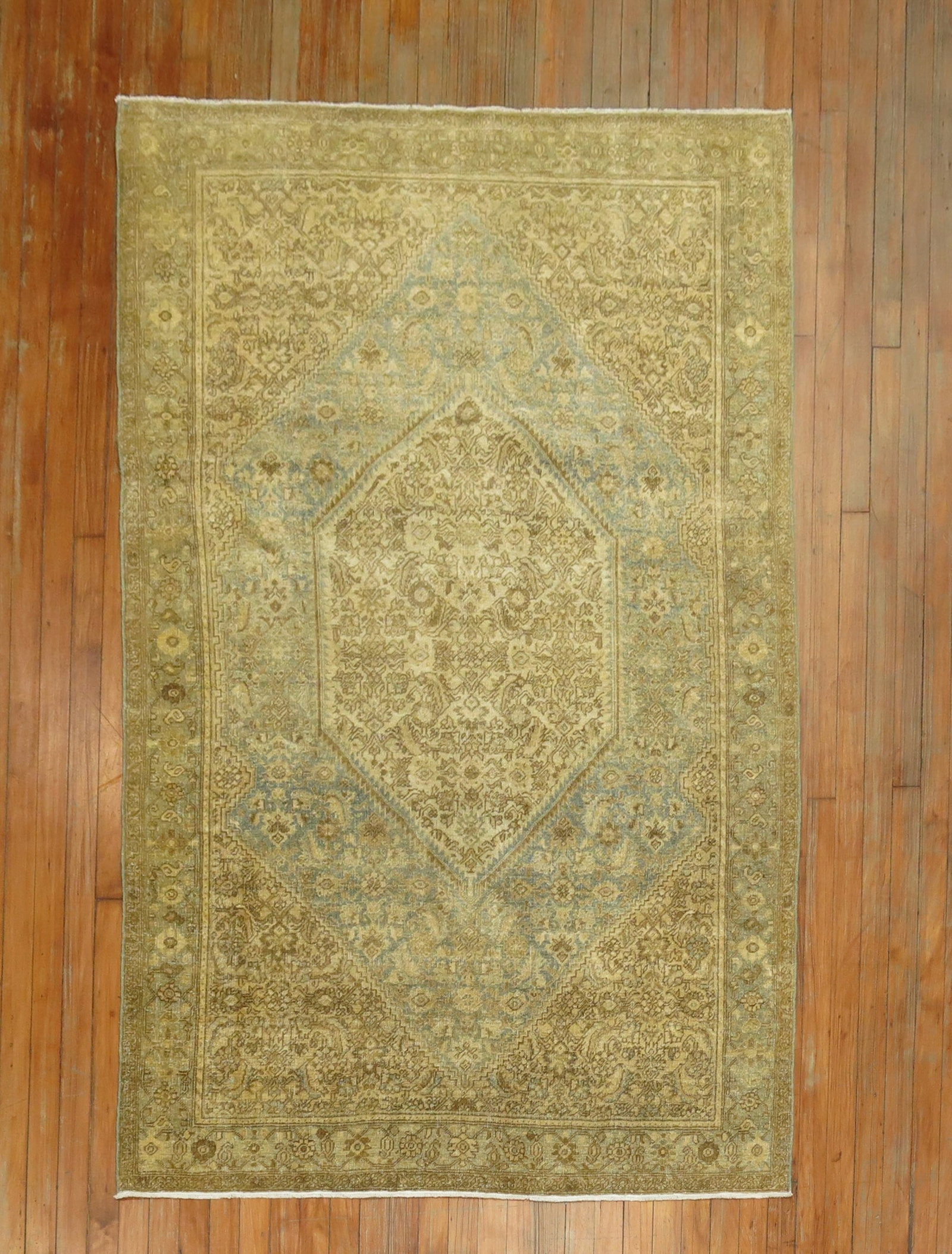 4' 4" x 6' 7" Persian Malayer Accent Rug in Blue Gold: 4' 4" x 6' 7" Persian Malayer Accent Rug in Blue Gold Circa 1920 Persian Malayer rug in a soft blue and gold palette. This pre-owned accent rug offers the distinctive character of a Malayer piece. Spe