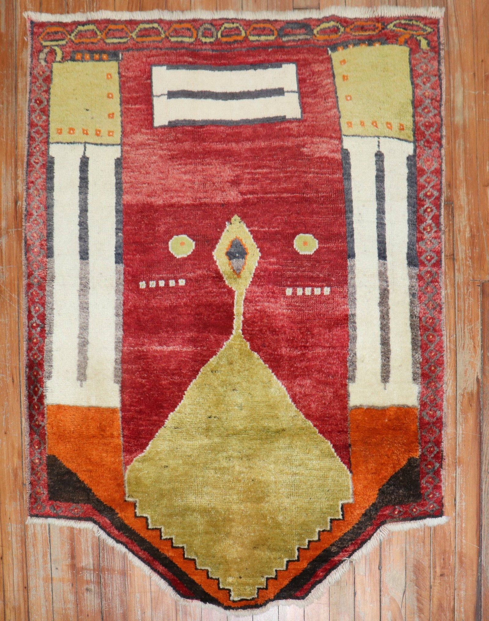 3' 6" x 4' 2" Turkish Konya small square rug: 3' 6" x 4' 2" Turkish Konya small square rug Mid 20th century Turkish horseback rug with a colorful geometric design. Identified as a Konya type, this small square rug is pre-owned. Specifications Ori