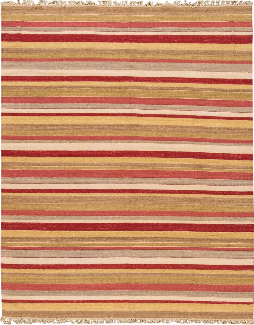 Vibrant Modern Kilim Wool Rug Multicolor Striped Design 8'1 x 10'2: Vibrant Modern Kilim Wool Rug Multicolor Striped Design 8'1 x 10'2 Enhance your living space with this stunning Modern Flatweave Kilim Wool Rug. Hand-knotted with meticulous craftsmanship, it showcase