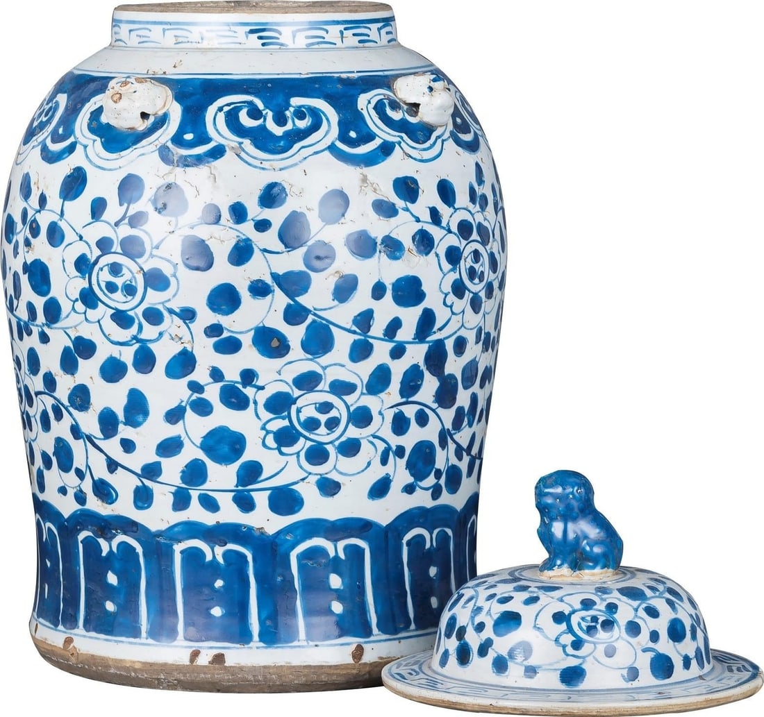 Cerulean Handmade Ceramic Temple Jar Chinoiserie Style 18H: Cerulean Handmade Ceramic Temple Jar Chinoiserie Style 18H Discover this exquisite Vintage Style Handmade Ceramic Temple Jar, crafted in a stunning cerulean finish. This medium small jar features a be