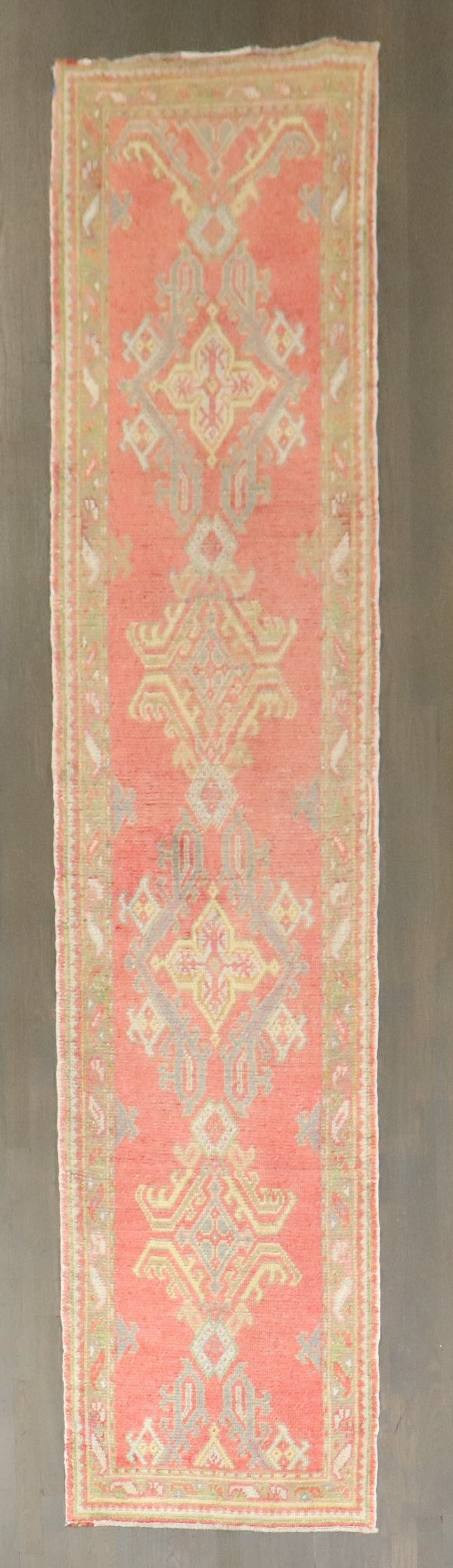 2' 5" x 10' 8" Antique Turkish Oushak Rug Runner: 2' 5" x 10' 8" Antique Turkish Oushak Rug Runner Early 20th century antique Turkish Oushak runner in a narrow format. This pre-owned rug is identified as an Oushak runner. Specifications Type: Oushak 