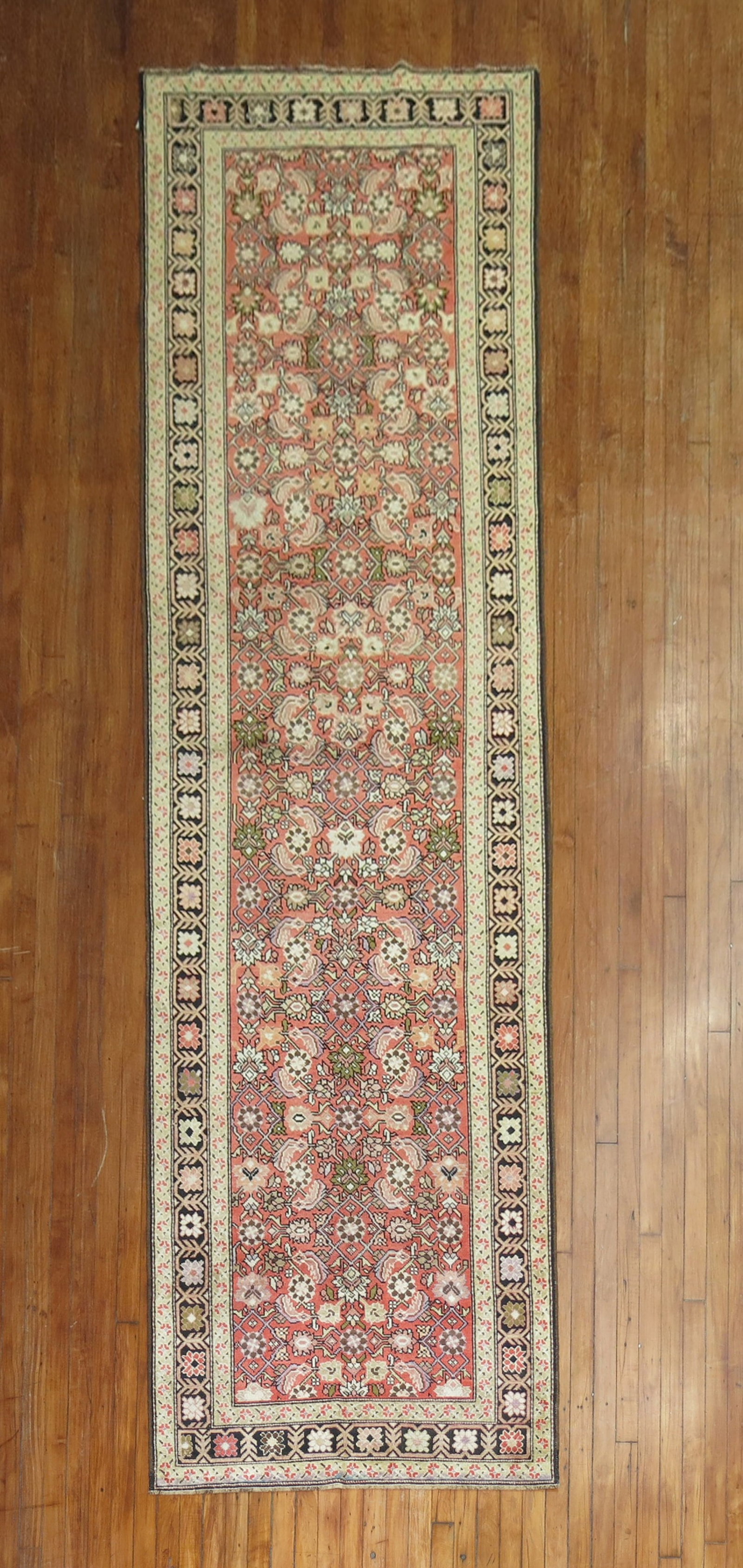 3' 6" x 13' 2" Karabagh runner with Herati design: 3' 6" x 13' 2" Karabagh runner with Herati design 20th century Karabagh runner featuring an all-over Herati design on a pink and green ground. Pre-owned condition. Specifications Title: Rose Pink Hera