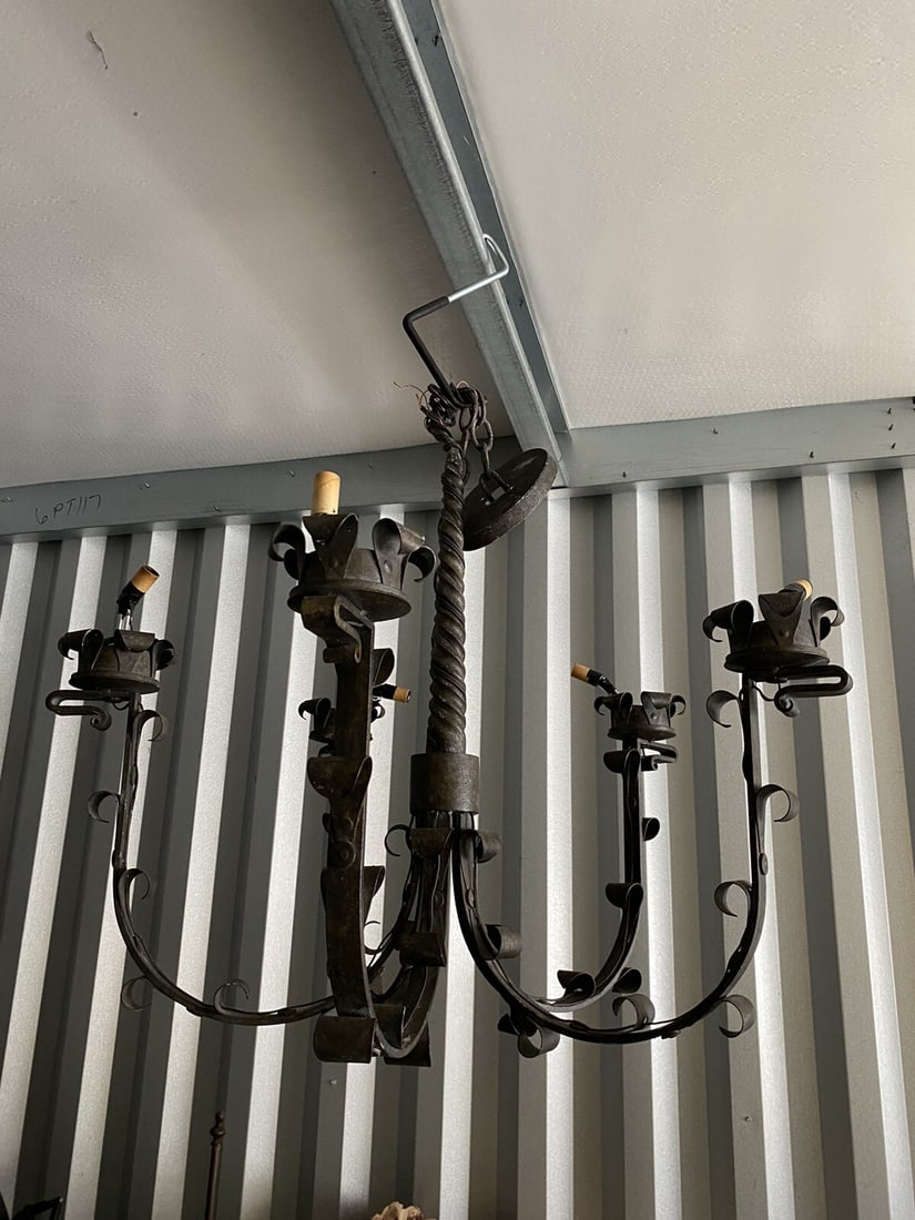 Large Gothic wrought iron chandelier by Iron Accents 30 dia: Large Gothic wrought iron chandelier by Iron Accents 30 dia Large vintage original wrought iron chandelier in a Gothic style with Spanish Revival influence. This custom-made light fixture features fiv