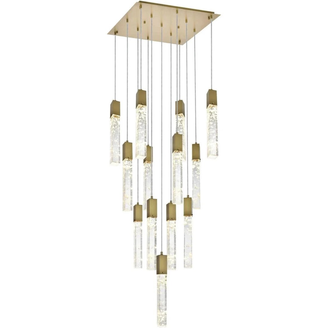 Aurora 13-Light Satin Gold Crystal Pendant Chandelier: Aurora 13-Light Satin Gold Crystal Pendant Chandelier This modern crystal chandelier features a satin gold finish and a rectangular design, making it an elegant centerpiece for dining rooms, foyers, e