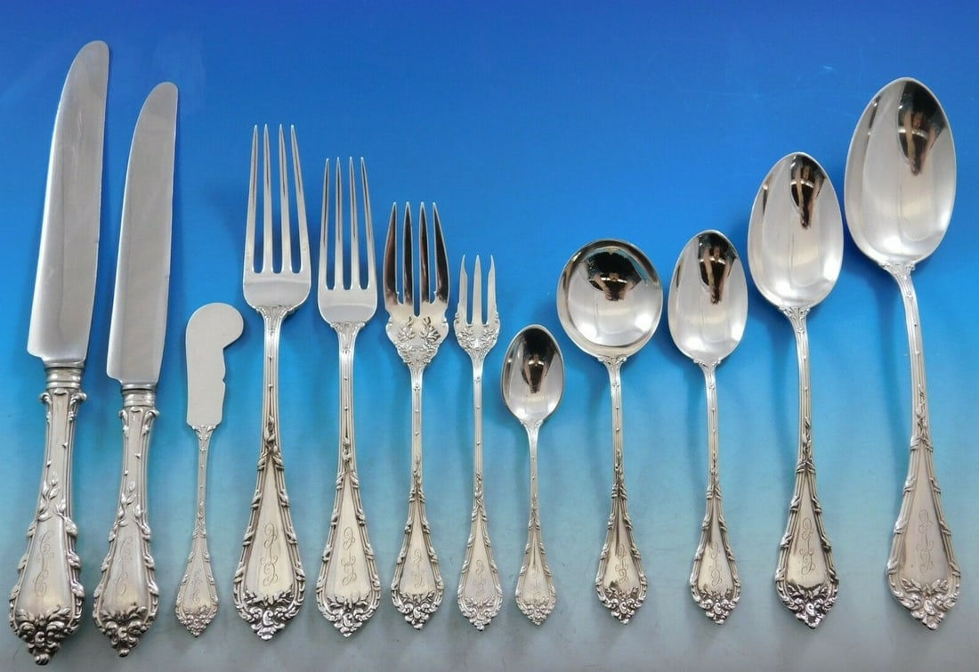Durgin Madame Royale sterling silver flatware service for 12 148 pieces: Durgin Madame Royale sterling silver flatware service for 12 148 pieces This is a monumental Madame Royale flatware set by Durgin, crafted from sterling silver in the Victorian style and dating from 1