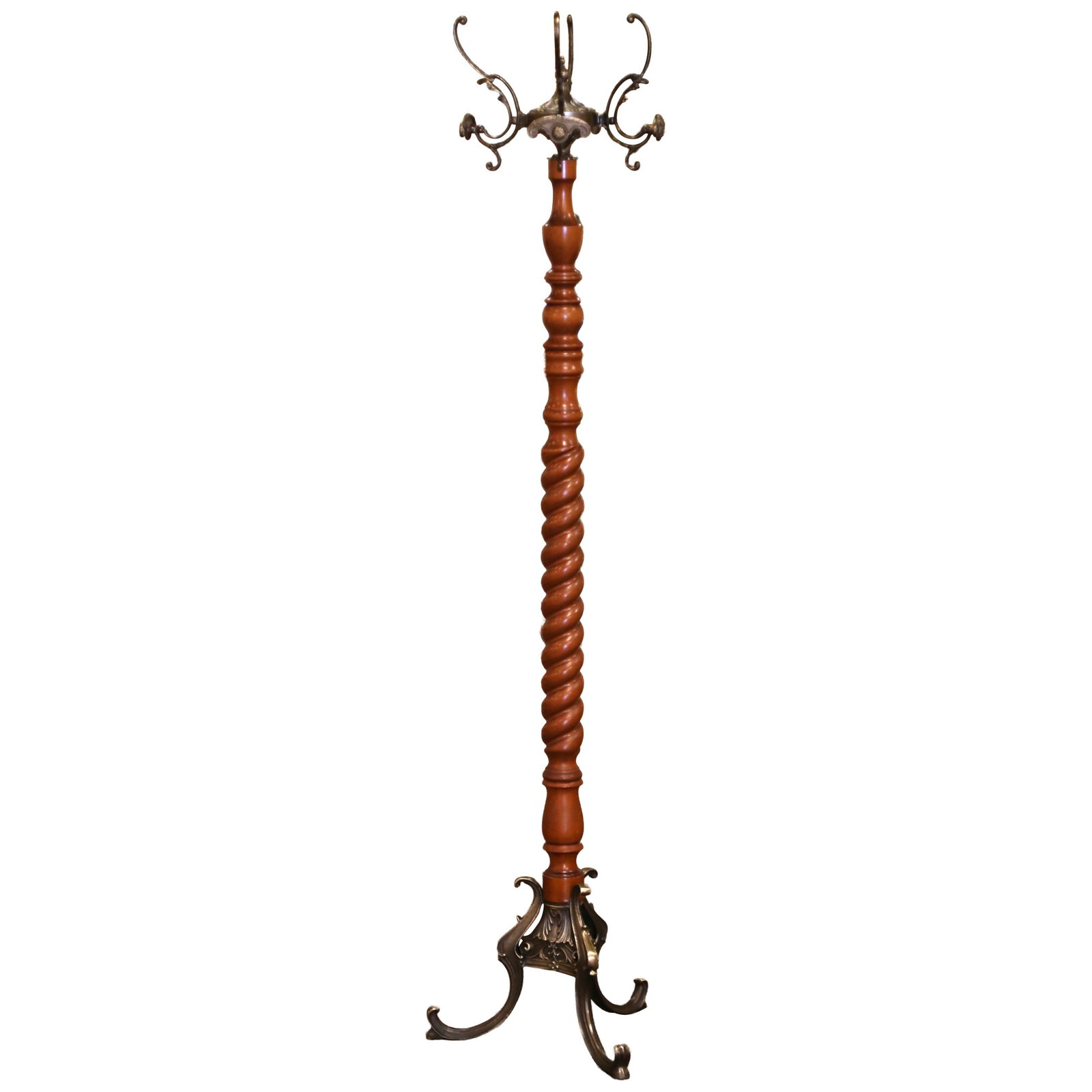 French Louis XIII Revival Cherry Hall Tree with Patinated Metal Base: French Louis XIII Revival Cherry Hall Tree with Patinated Metal Base Vintage French hall tree crafted circa 1950 in the Louis XIII style. This freestanding coat and hat stand features a spiral-turned 