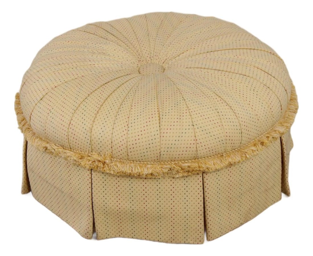 Yellow Pleated Fabric Ottoman With Decorative Fringe and Tufted Top 34 Inch Round (1 of 10)