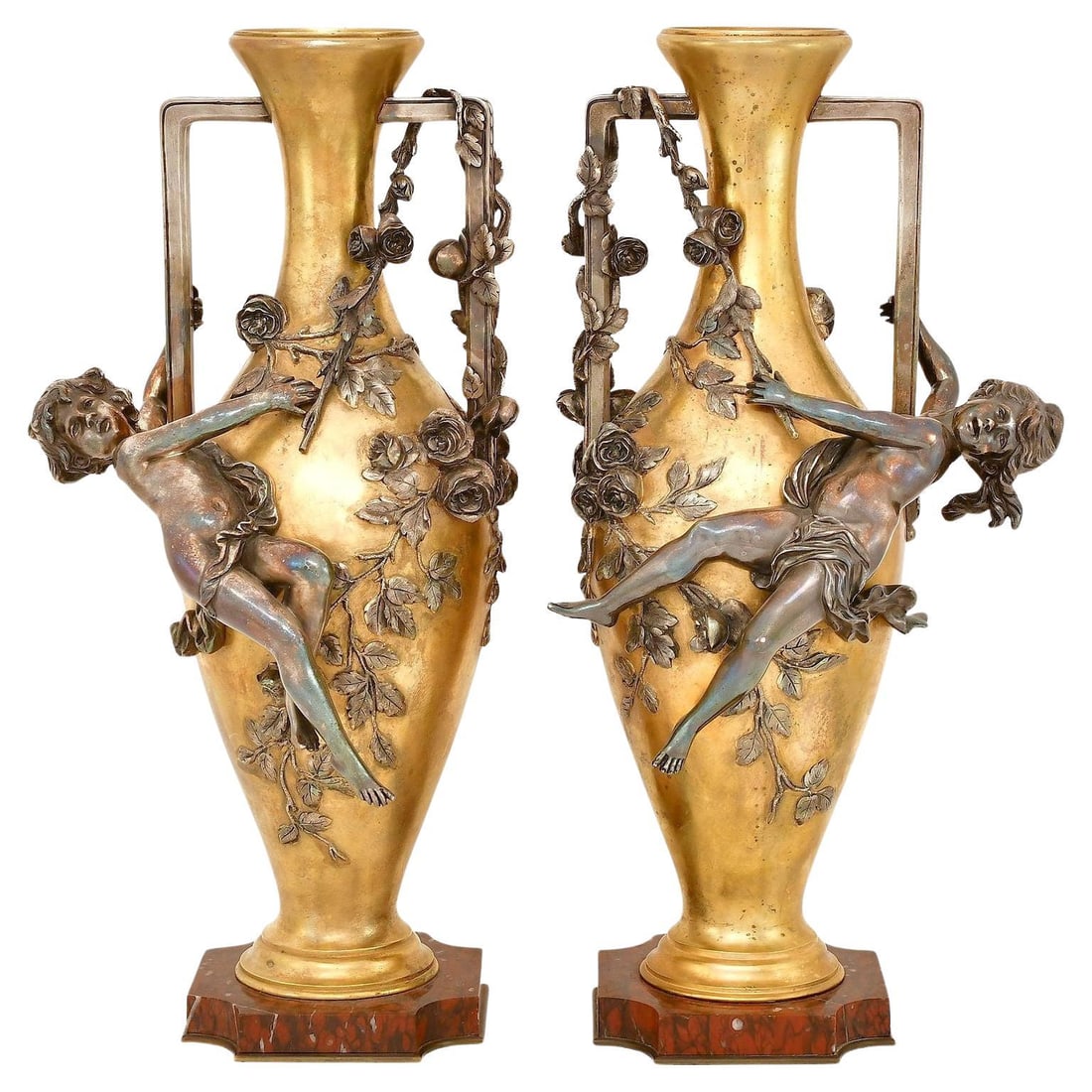 Set of 2 Moreau Art Nouveau Gilt and Silvered Bronze Cherub Vases: Set of 2 Moreau Art Nouveau Gilt and Silvered Bronze Cherub Vases This is a pair of antique Art Nouveau period vases by Auguste Moreau, crafted circa 1900 in France. Each vase is made of gilt and silv