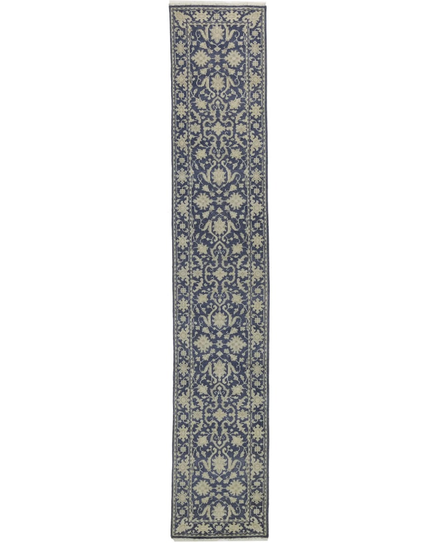 Hand-knotted wool floral runner 2'6 x 13'9 transitional muted colors: Hand-knotted wool floral runner 2'6 x 13'9 transitional muted colors This hand-knotted runner rug features a muted floral pattern in slate blue, cream, and beige tones, offering a transitional style s