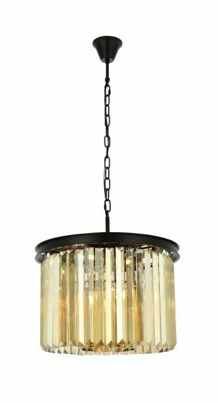 Sydney 20 in 6 Light Crystal Chandelier Matte Black: Sydney 20 in 6 Light Crystal Chandelier Matte Black Modern 6-light crystal chandelier with a matte black finish and golden teak crystals. It is hardwired, height-adjustable, and designed for indoor us