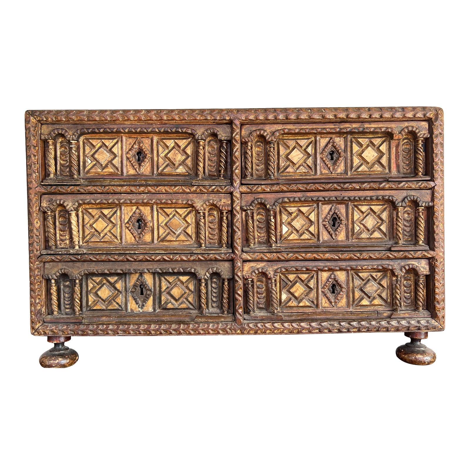 18th Century Spanish Vargueno Desk with Bone Inset and Iron Hardware: 18th Century Spanish Vargueno Desk with Bone Inset and Iron Hardware Explore this exquisite 18th Century Spanish Vargueno, a heavily carved traveling desk that beautifully showcases Baroque craftsmans