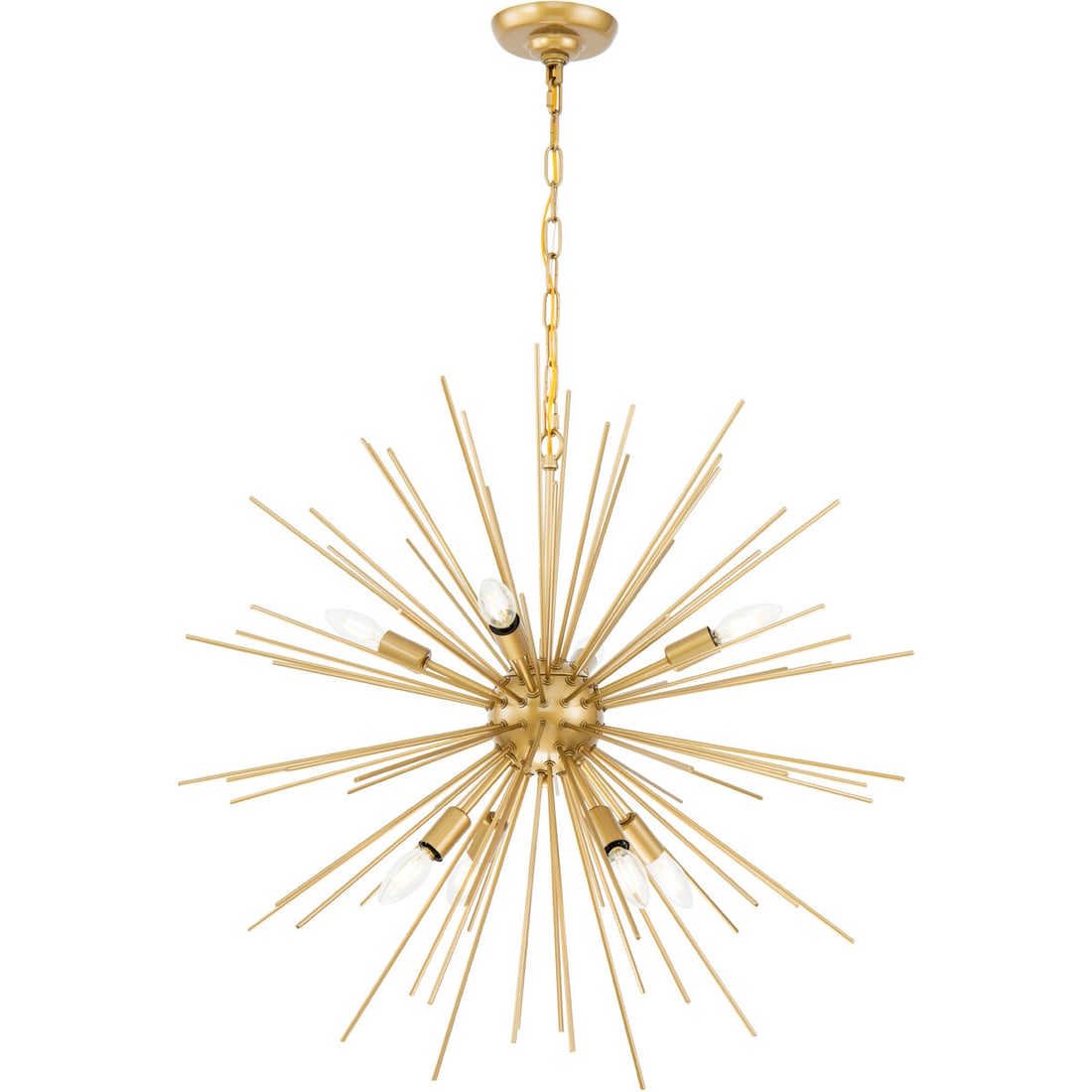 Timber Brass 8-Light Sputnik Pendant Chandelier 30 inch: Timber Brass 8-Light Sputnik Pendant Chandelier 30 inch This modern Sputnik-style chandelier features eight lights and a striking brass finish, making it an eye-catching centerpiece for spaces such