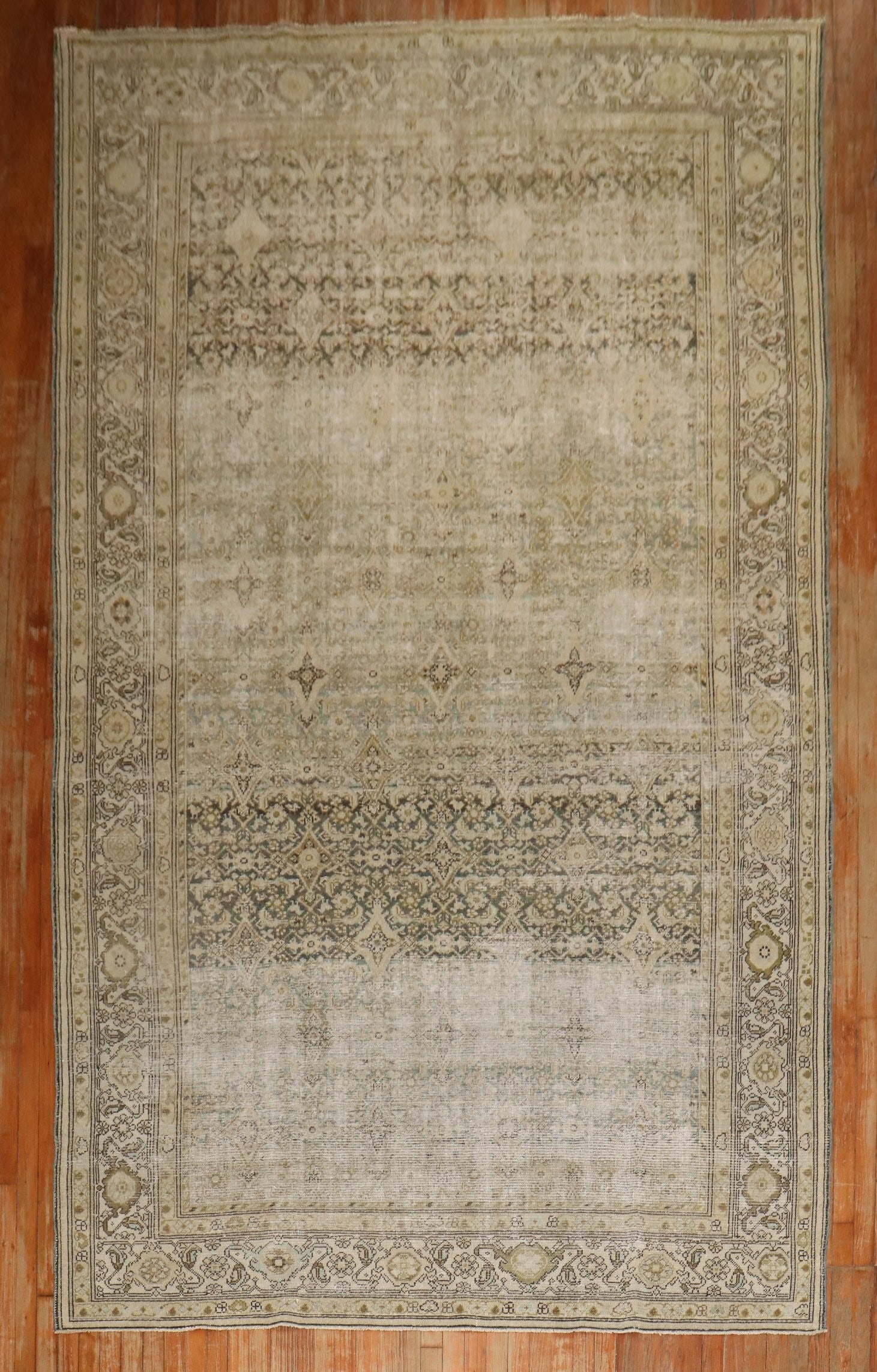 7' x 13' 5" Persian Malayer Gallery Rug Green: 7' x 13' 5" Persian Malayer Gallery Rug Green Early 20th century Persian Malayer gallery rug with a green field and worn character. This pre-owned piece is identified as a shabby chic style rug.