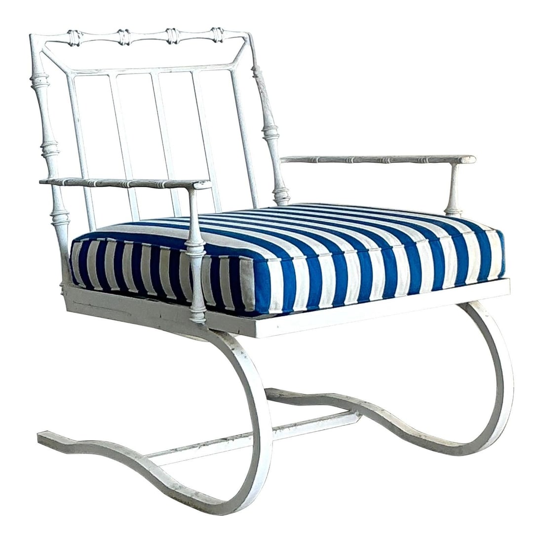 Phyllis Morris Faux Bamboo Aluminum Springer Armchair with Striped Upholstery: Phyllis Morris Faux Bamboo Aluminum Springer Armchair with Striped Upholstery This vintage Phyllis Morris springer lounge chair exemplifies Hollywood Regency style with its robust cast aluminum frame 